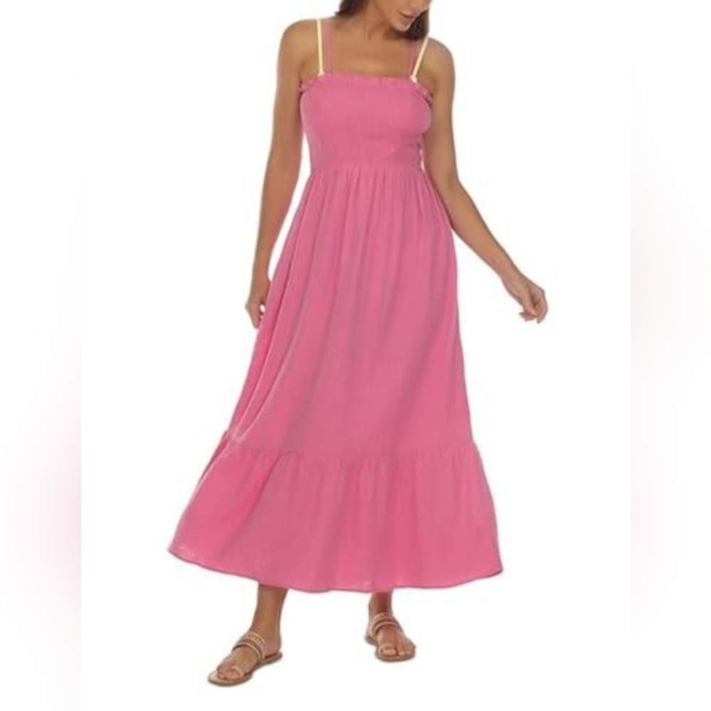 Raviya Smocked Cotton Sleeveless Cover up Maxi Elegant Pink Dress - Picture 3 of 3